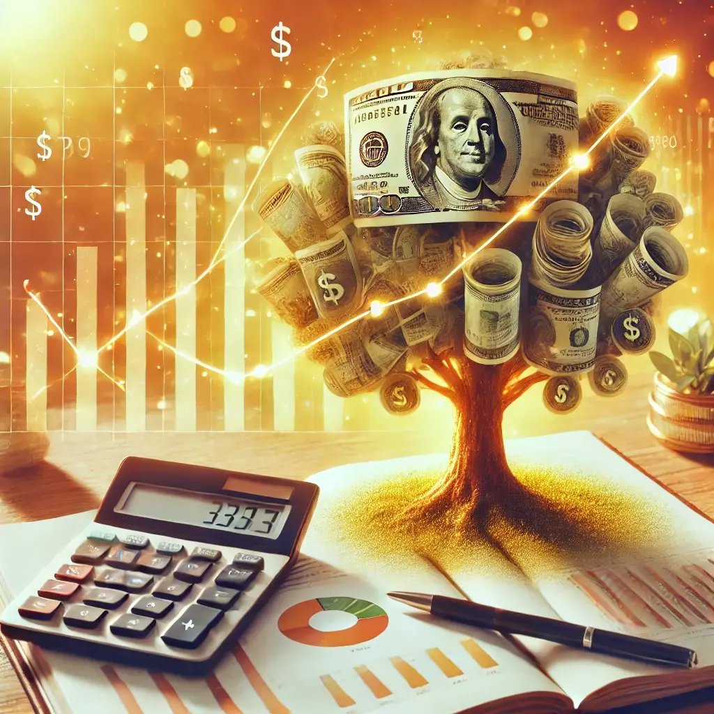 A concept art of financial growth, showing a tree made of money and graphs, symbolizing sustainable financial strategies