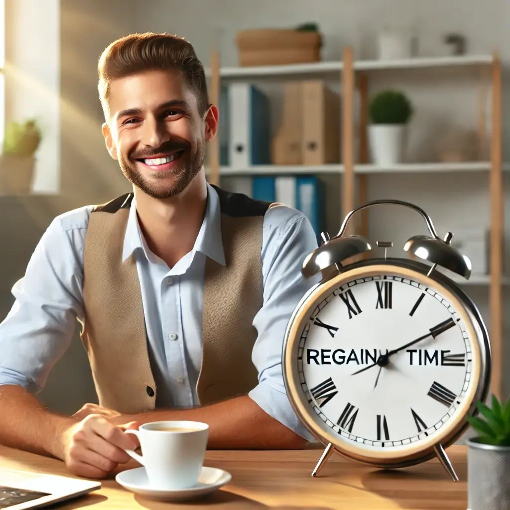 A relaxed small business owner sitting at a desk, smiling with a cup of coffee, while a clock reads Regain Time