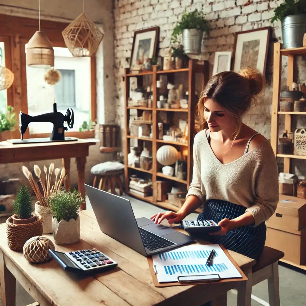 A cozy and welcoming small business environment with a shop owner reviewing financial data on a laptop.