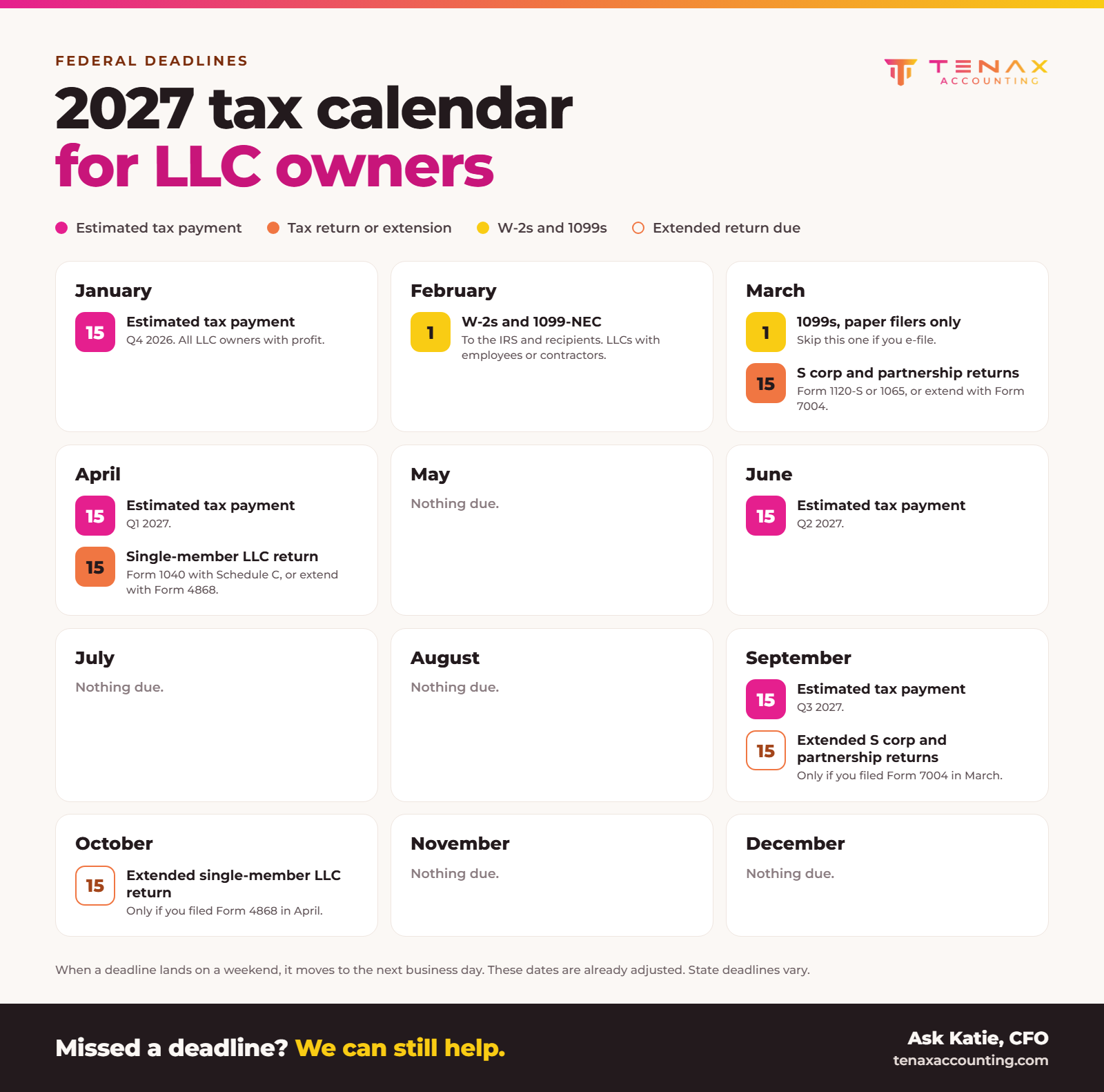2027 tax calendar for LLC owners showing federal filing and estimated payment deadlines, Tenax Accounting